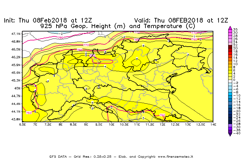 Mappa di analisi GFS - Geopotenziale [m] e Temperatura [°C] a 925 hPa in Nord-Italia
									del 08/02/2018 12 <!--googleoff: index-->UTC<!--googleon: index-->
