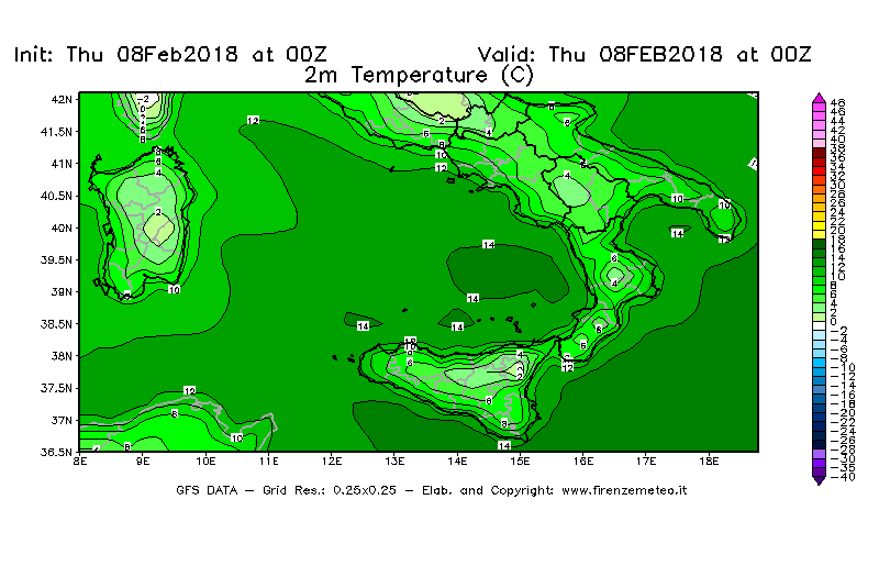 Mappa di analisi GFS - Temperatura a 2 metri dal suolo [°C] in Sud-Italia
							del 08/02/2018 00 <!--googleoff: index-->UTC<!--googleon: index-->