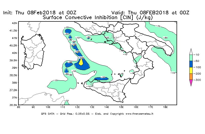 Mappa di analisi GFS - CIN [J/kg] in Sud-Italia
									del 08/02/2018 00 <!--googleoff: index-->UTC<!--googleon: index-->