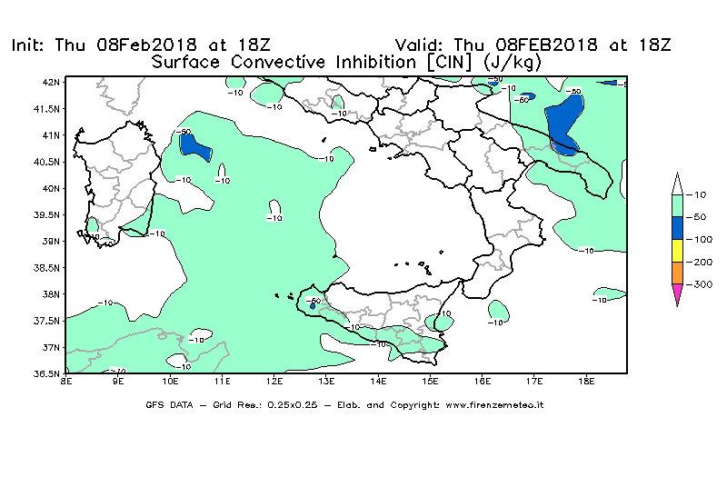 Mappa di analisi GFS - CIN [J/kg] in Sud-Italia
									del 08/02/2018 18 <!--googleoff: index-->UTC<!--googleon: index-->