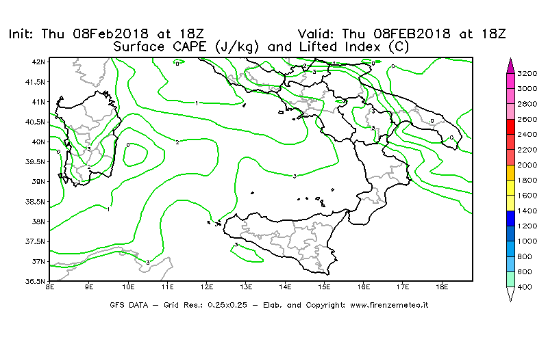 Mappa di analisi GFS - CAPE [J/kg] e Lifted Index [°C] in Sud-Italia
									del 08/02/2018 18 <!--googleoff: index-->UTC<!--googleon: index-->
