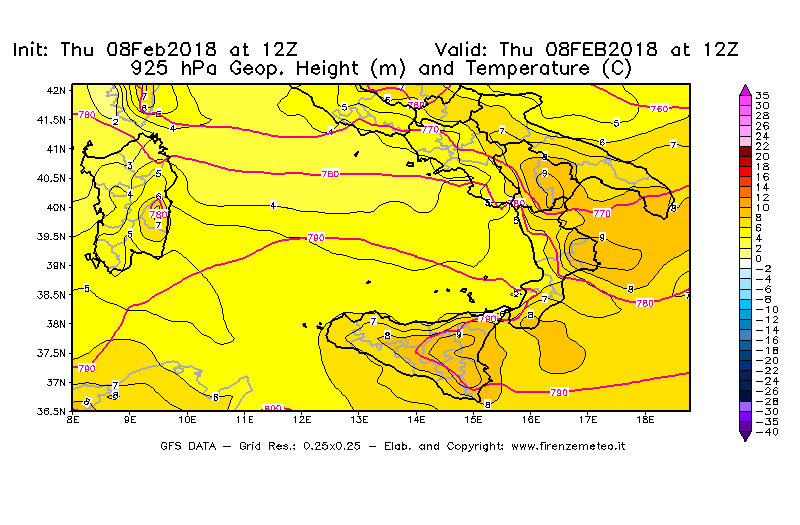 Mappa di analisi GFS - Geopotenziale [m] e Temperatura [°C] a 925 hPa in Sud-Italia
							del 08/02/2018 12 <!--googleoff: index-->UTC<!--googleon: index-->