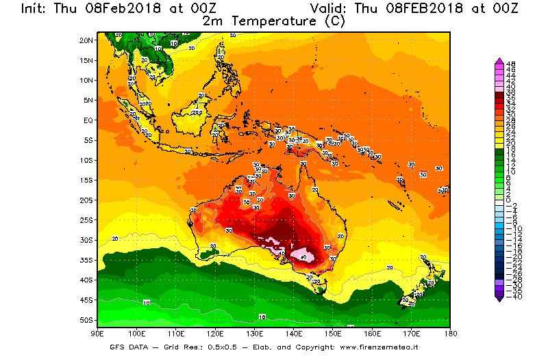 Mappa di analisi GFS - Temperatura a 2 metri dal suolo [°C] in Oceania
							del 08/02/2018 00 <!--googleoff: index-->UTC<!--googleon: index-->