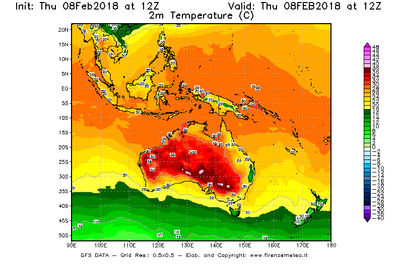 Mappa di analisi GFS - Temperatura a 2 metri dal suolo [°C] in Oceania
							del 08/02/2018 12 <!--googleoff: index-->UTC<!--googleon: index-->