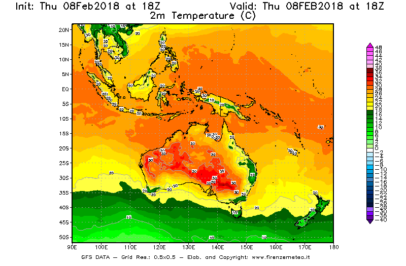 Mappa di analisi GFS - Temperatura a 2 metri dal suolo [°C] in Oceania
							del 08/02/2018 18 <!--googleoff: index-->UTC<!--googleon: index-->
