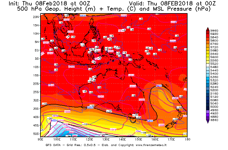 Mappa di analisi GFS - Geopotenziale [m] + Temp. [°C] a 500 hPa + Press. a livello del mare [hPa] in Oceania
									del 08/02/2018 00 <!--googleoff: index-->UTC<!--googleon: index-->