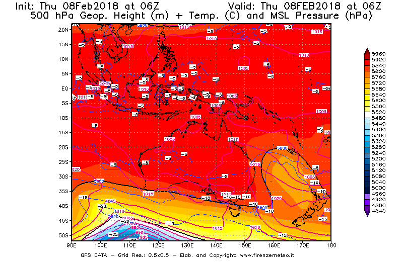 Mappa di analisi GFS - Geopotenziale [m] + Temp. [°C] a 500 hPa + Press. a livello del mare [hPa] in Oceania
							del 08/02/2018 06 <!--googleoff: index-->UTC<!--googleon: index-->