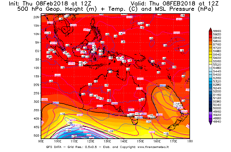 Mappa di analisi GFS - Geopotenziale [m] + Temp. [°C] a 500 hPa + Press. a livello del mare [hPa] in Oceania
							del 08/02/2018 12 <!--googleoff: index-->UTC<!--googleon: index-->