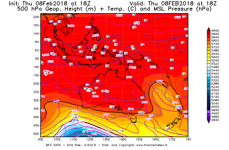 Mappa di analisi GFS - Geopotenziale [m] + Temp. [°C] a 500 hPa + Press. a livello del mare [hPa] in Oceania
									del 08/02/2018 18 <!--googleoff: index-->UTC<!--googleon: index-->