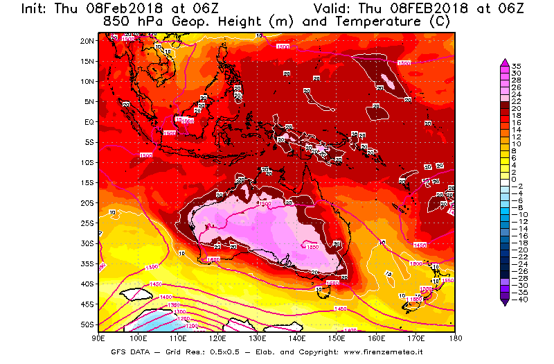 Mappa di analisi GFS - Geopotenziale [m] e Temperatura [°C] a 850 hPa in Oceania
									del 08/02/2018 06 <!--googleoff: index-->UTC<!--googleon: index-->