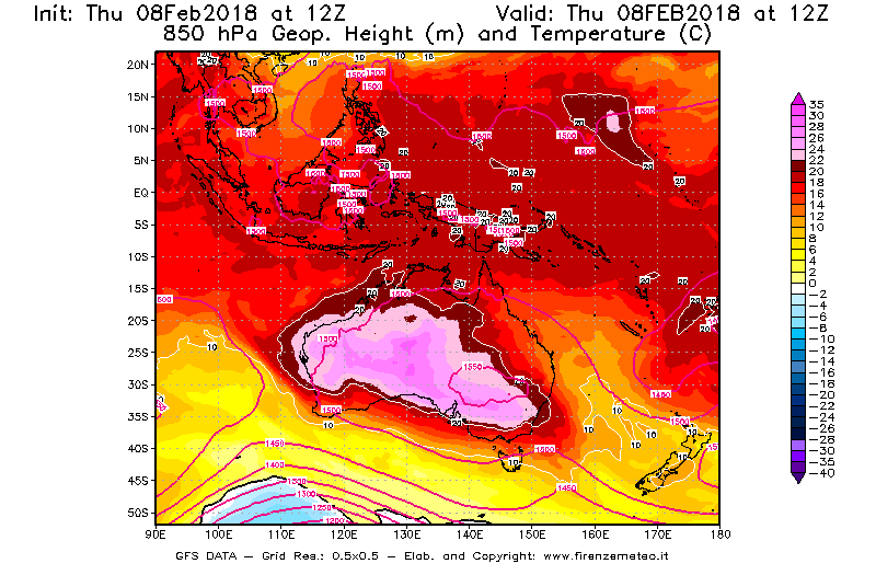Mappa di analisi GFS - Geopotenziale [m] e Temperatura [°C] a 850 hPa in Oceania
							del 08/02/2018 12 <!--googleoff: index-->UTC<!--googleon: index-->