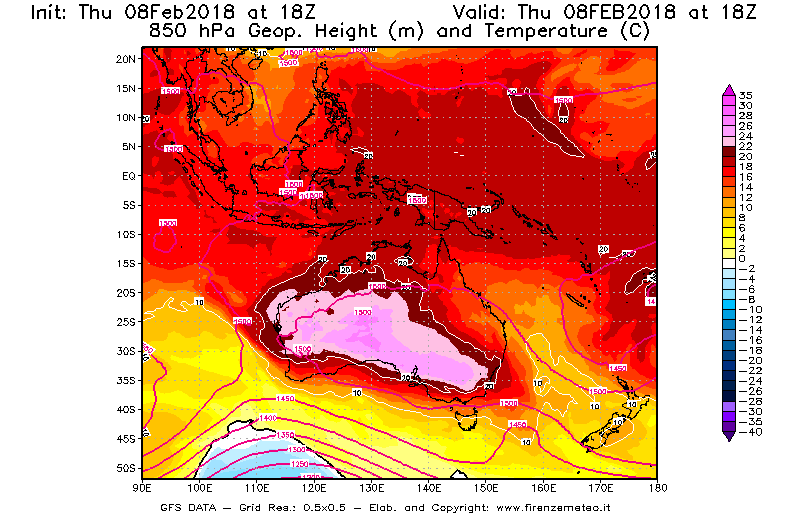 Mappa di analisi GFS - Geopotenziale [m] e Temperatura [°C] a 850 hPa in Oceania
							del 08/02/2018 18 <!--googleoff: index-->UTC<!--googleon: index-->
