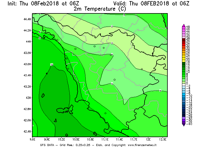 Mappa di analisi GFS - Temperatura a 2 metri dal suolo [°C] in Toscana
									del 08/02/2018 06 <!--googleoff: index-->UTC<!--googleon: index-->