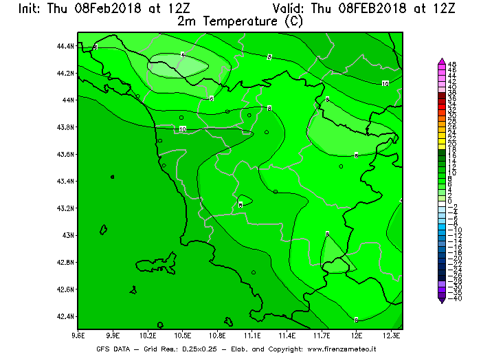 Mappa di analisi GFS - Temperatura a 2 metri dal suolo [°C] in Toscana
							del 08/02/2018 12 <!--googleoff: index-->UTC<!--googleon: index-->