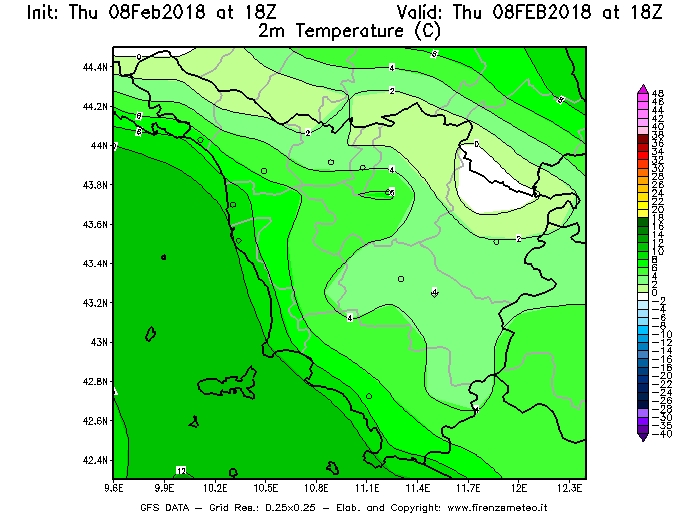Mappa di analisi GFS - Temperatura a 2 metri dal suolo [°C] in Toscana
									del 08/02/2018 18 <!--googleoff: index-->UTC<!--googleon: index-->