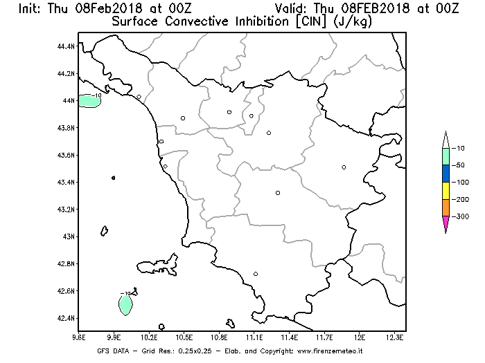 Mappa di analisi GFS - CIN [J/kg] in Toscana
							del 08/02/2018 00 <!--googleoff: index-->UTC<!--googleon: index-->