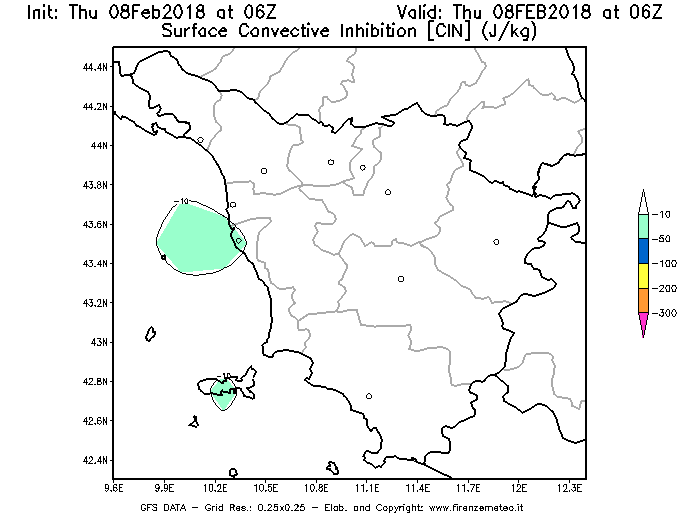 Mappa di analisi GFS - CIN [J/kg] in Toscana
							del 08/02/2018 06 <!--googleoff: index-->UTC<!--googleon: index-->