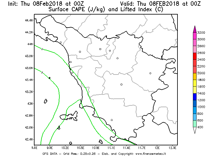 Mappa di analisi GFS - CAPE [J/kg] e Lifted Index [°C] in Toscana
							del 08/02/2018 00 <!--googleoff: index-->UTC<!--googleon: index-->