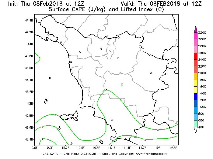 Mappa di analisi GFS - CAPE [J/kg] e Lifted Index [°C] in Toscana
									del 08/02/2018 12 <!--googleoff: index-->UTC<!--googleon: index-->