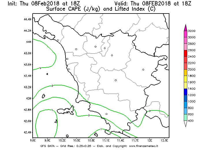 Mappa di analisi GFS - CAPE [J/kg] e Lifted Index [°C] in Toscana
									del 08/02/2018 18 <!--googleoff: index-->UTC<!--googleon: index-->