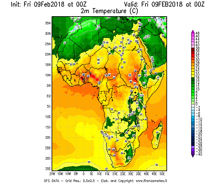 Mappa di analisi GFS - Temperatura a 2 metri dal suolo [°C] in Africa
							del 09/02/2018 00 <!--googleoff: index-->UTC<!--googleon: index-->