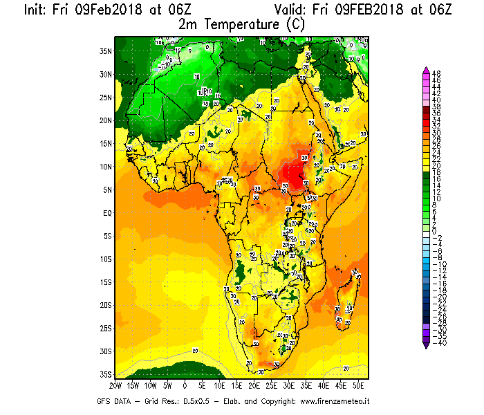 Mappa di analisi GFS - Temperatura a 2 metri dal suolo [°C] in Africa
							del 09/02/2018 06 <!--googleoff: index-->UTC<!--googleon: index-->