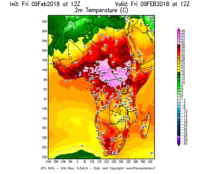 Mappa di analisi GFS - Temperatura a 2 metri dal suolo [°C] in Africa
							del 09/02/2018 12 <!--googleoff: index-->UTC<!--googleon: index-->