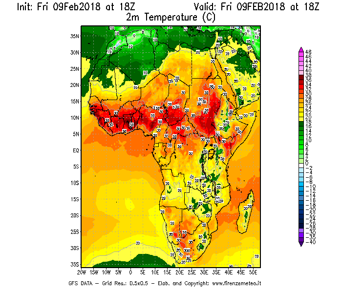 Mappa di analisi GFS - Temperatura a 2 metri dal suolo [°C] in Africa
							del 09/02/2018 18 <!--googleoff: index-->UTC<!--googleon: index-->