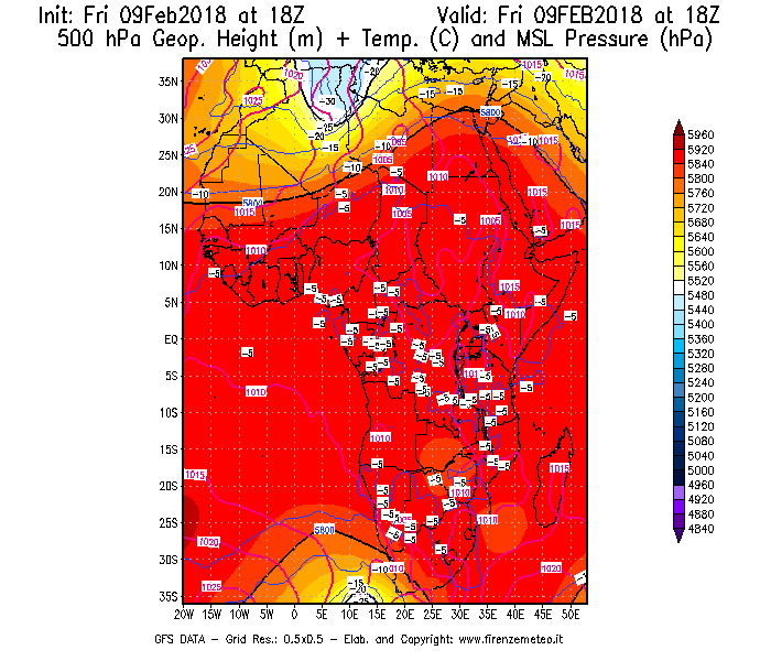 Mappa di analisi GFS - Geopotenziale [m] + Temp. [°C] a 500 hPa + Press. a livello del mare [hPa] in Africa
							del 09/02/2018 18 <!--googleoff: index-->UTC<!--googleon: index-->
