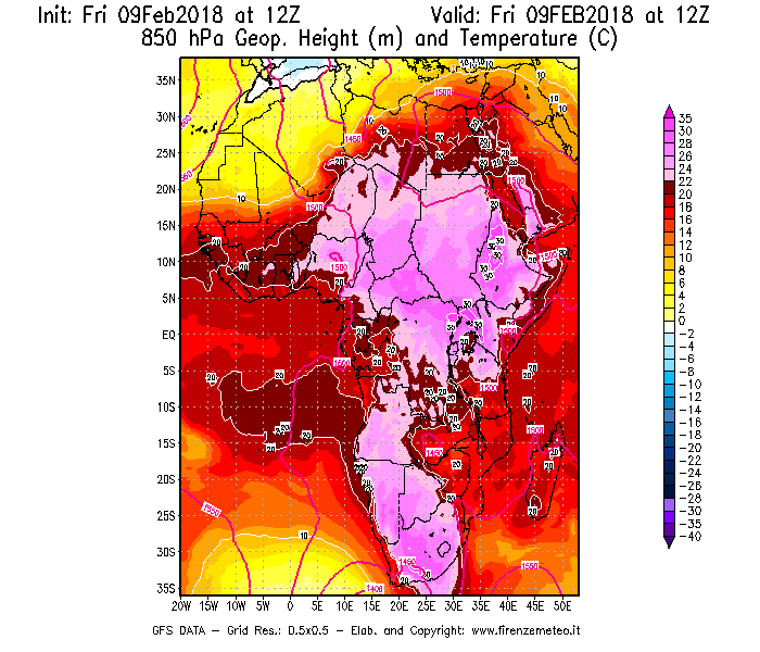 Mappa di analisi GFS - Geopotenziale [m] e Temperatura [°C] a 850 hPa in Africa
							del 09/02/2018 12 <!--googleoff: index-->UTC<!--googleon: index-->