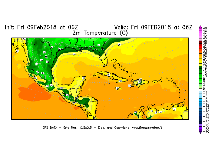 Mappa di analisi GFS - Temperatura a 2 metri dal suolo [°C] in Centro-America
							del 09/02/2018 06 <!--googleoff: index-->UTC<!--googleon: index-->