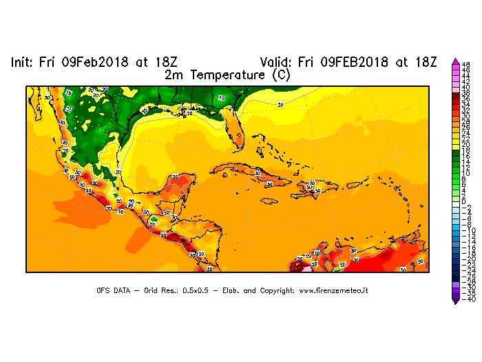 Mappa di analisi GFS - Temperatura a 2 metri dal suolo [°C] in Centro-America
							del 09/02/2018 18 <!--googleoff: index-->UTC<!--googleon: index-->