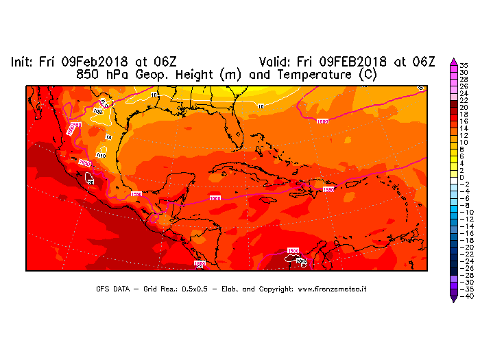 Mappa di analisi GFS - Geopotenziale [m] e Temperatura [°C] a 850 hPa in Centro-America
							del 09/02/2018 06 <!--googleoff: index-->UTC<!--googleon: index-->