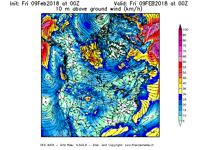 Mappa di analisi GFS - Velocità del vento a 10 metri dal suolo [km/h] in Nord-America
							del 09/02/2018 00 <!--googleoff: index-->UTC<!--googleon: index-->