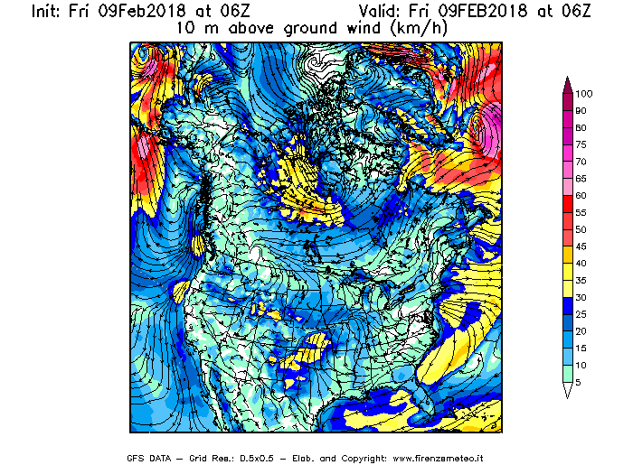 Mappa di analisi GFS - Velocità del vento a 10 metri dal suolo [km/h] in Nord-America
							del 09/02/2018 06 <!--googleoff: index-->UTC<!--googleon: index-->