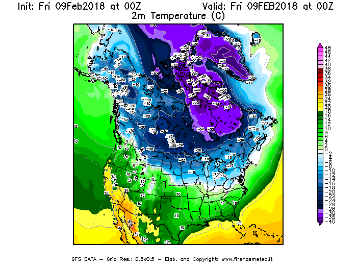 Mappa di analisi GFS - Temperatura a 2 metri dal suolo [°C] in Nord-America
							del 09/02/2018 00 <!--googleoff: index-->UTC<!--googleon: index-->
