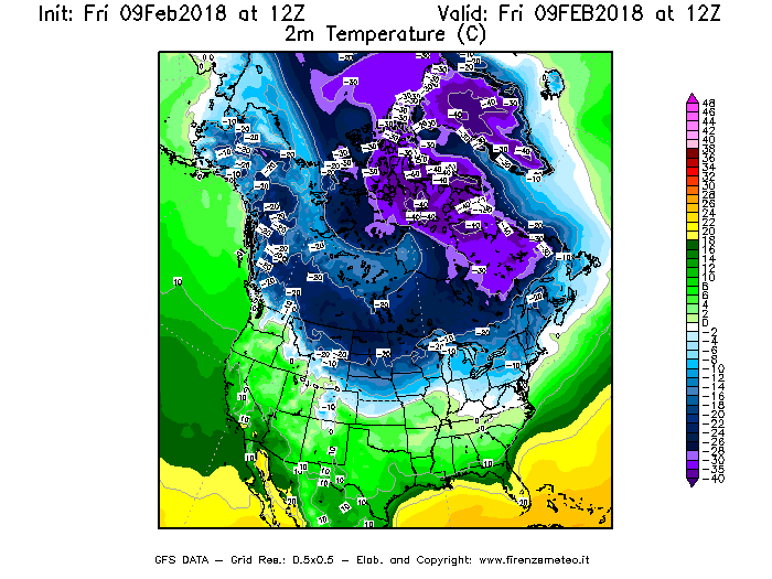 Mappa di analisi GFS - Temperatura a 2 metri dal suolo [°C] in Nord-America
							del 09/02/2018 12 <!--googleoff: index-->UTC<!--googleon: index-->