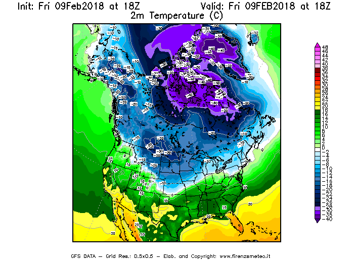 Mappa di analisi GFS - Temperatura a 2 metri dal suolo [°C] in Nord-America
							del 09/02/2018 18 <!--googleoff: index-->UTC<!--googleon: index-->