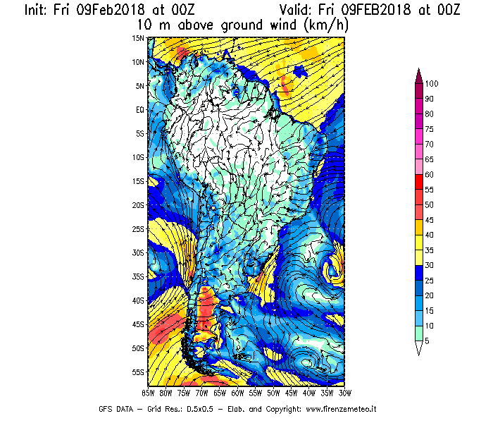 Mappa di analisi GFS - Velocità del vento a 10 metri dal suolo [km/h] in Sud-America
							del 09/02/2018 00 <!--googleoff: index-->UTC<!--googleon: index-->