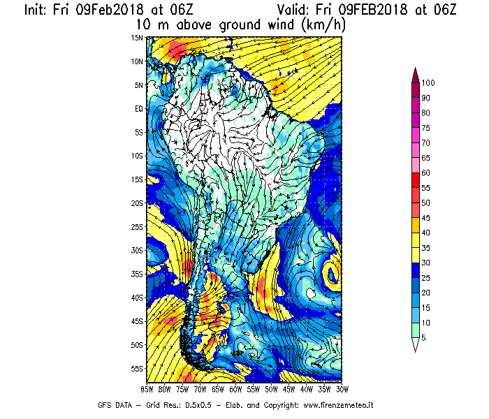Mappa di analisi GFS - Velocità del vento a 10 metri dal suolo [km/h] in Sud-America
							del 09/02/2018 06 <!--googleoff: index-->UTC<!--googleon: index-->