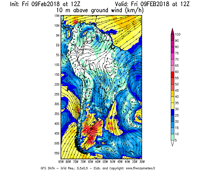 Mappa di analisi GFS - Velocità del vento a 10 metri dal suolo [km/h] in Sud-America
							del 09/02/2018 12 <!--googleoff: index-->UTC<!--googleon: index-->