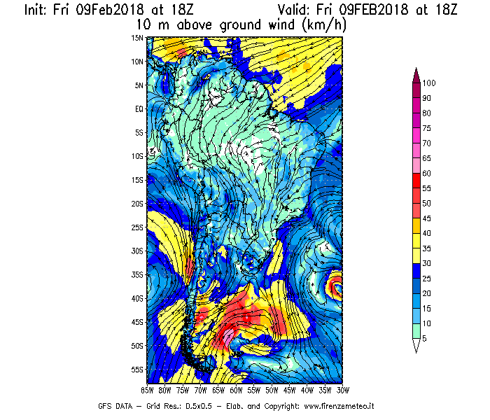 Mappa di analisi GFS - Velocità del vento a 10 metri dal suolo [km/h] in Sud-America
							del 09/02/2018 18 <!--googleoff: index-->UTC<!--googleon: index-->