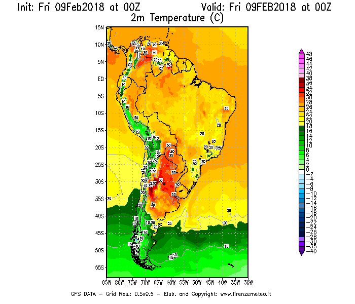 Mappa di analisi GFS - Temperatura a 2 metri dal suolo [°C] in Sud-America
							del 09/02/2018 00 <!--googleoff: index-->UTC<!--googleon: index-->