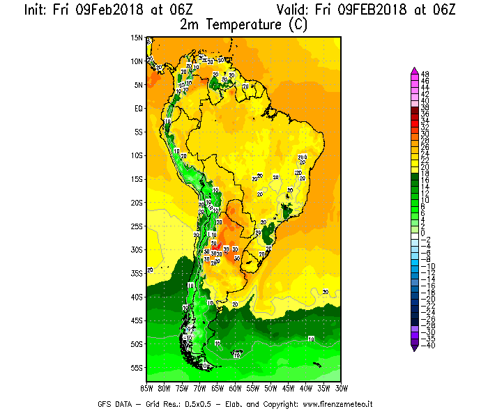 Mappa di analisi GFS - Temperatura a 2 metri dal suolo [°C] in Sud-America
							del 09/02/2018 06 <!--googleoff: index-->UTC<!--googleon: index-->