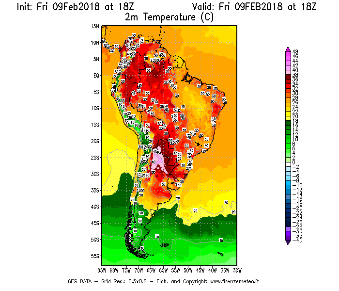 Mappa di analisi GFS - Temperatura a 2 metri dal suolo [°C] in Sud-America
							del 09/02/2018 18 <!--googleoff: index-->UTC<!--googleon: index-->