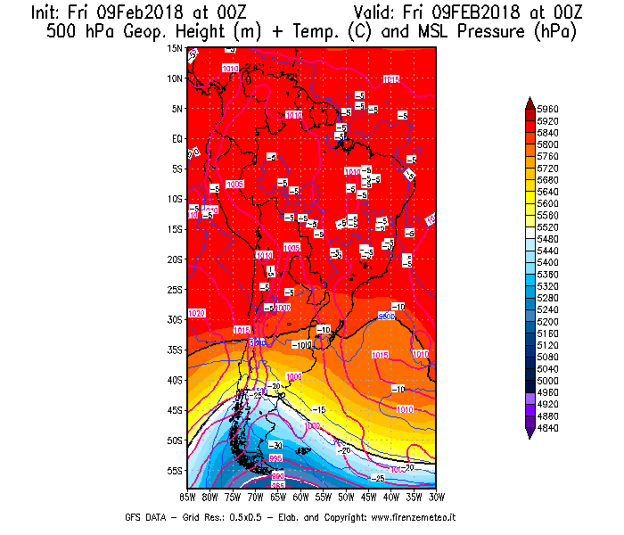 Mappa di analisi GFS - Geopotenziale [m] + Temp. [°C] a 500 hPa + Press. a livello del mare [hPa] in Sud-America
							del 09/02/2018 00 <!--googleoff: index-->UTC<!--googleon: index-->