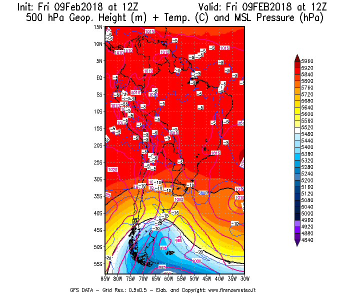 Mappa di analisi GFS - Geopotenziale [m] + Temp. [°C] a 500 hPa + Press. a livello del mare [hPa] in Sud-America
							del 09/02/2018 12 <!--googleoff: index-->UTC<!--googleon: index-->
