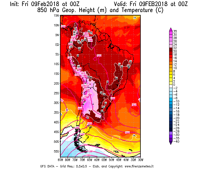 Mappa di analisi GFS - Geopotenziale [m] e Temperatura [°C] a 850 hPa in Sud-America
							del 09/02/2018 00 <!--googleoff: index-->UTC<!--googleon: index-->