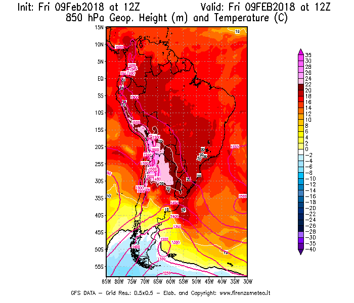 Mappa di analisi GFS - Geopotenziale [m] e Temperatura [°C] a 850 hPa in Sud-America
							del 09/02/2018 12 <!--googleoff: index-->UTC<!--googleon: index-->