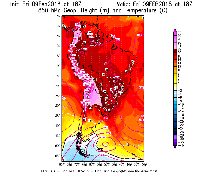 Mappa di analisi GFS - Geopotenziale [m] e Temperatura [°C] a 850 hPa in Sud-America
							del 09/02/2018 18 <!--googleoff: index-->UTC<!--googleon: index-->